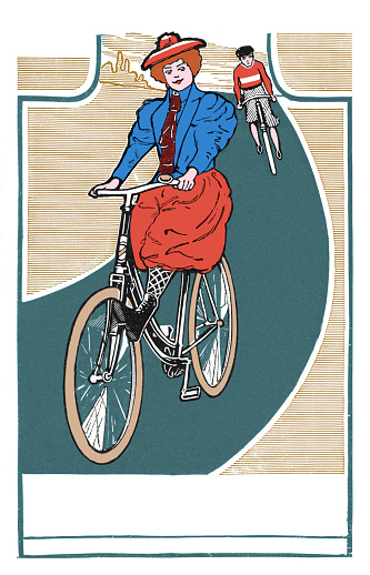 Woman in dress driving on bicycle drawing 1899
Art Nouveau is an international style of art, architecture, and applied art, especially the decorative arts, known in different languages by different names: Jugendstil in German, Stile Liberty in Italian, Modernisme català in Catalan, etc. In English it is also known as the Modern Style. The style was most popular between 1890 and 1910 during the Belle Époque period that ended with the start of World War I in 1914.
Original edition from my own archives
Source : 1899 Jugend Band I