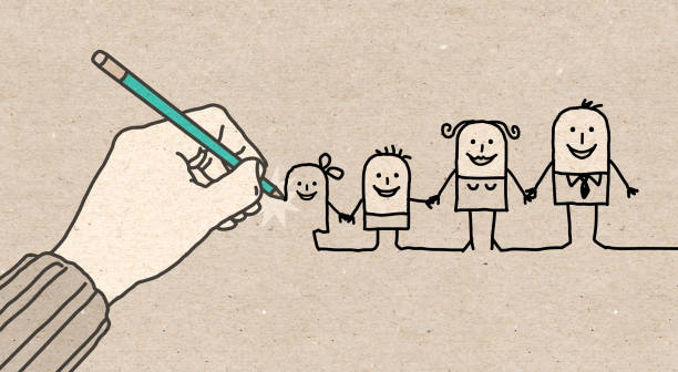 istock Cartoon Family designed by a Big Human Hand 1362938821