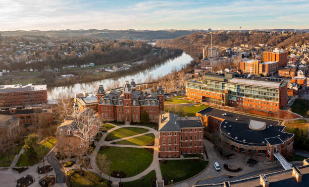 Aerial drone panorama of the Woodburn Circle at the university in Morgantown, West Virginia Aerial drone panoramic shot of the downtown campus of WVU in Morgantown West Virginia showing the river in the distance west virginia university stock pictures, royalty-free photos & images