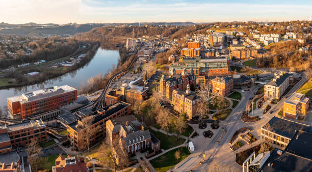 Aerial drone panorama of the Woodburn Circle at the university in Morgantown, West Virginia stock photo