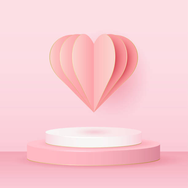 ilustrações de stock, clip art, desenhos animados e ícones de valentines day holiday flyer with realistic paper heart and podium on pink background. poster or banner on light background. vector - february three dimensional shape heart shape greeting
