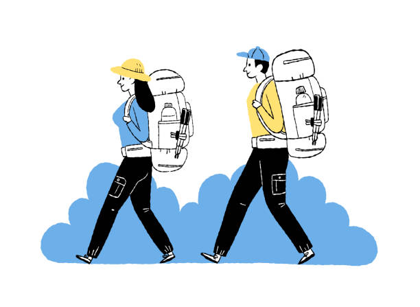 ilustrações, clipart, desenhos animados e ícones de homem e mulher carregando grande mochila para trekking na natureza - mochileiro