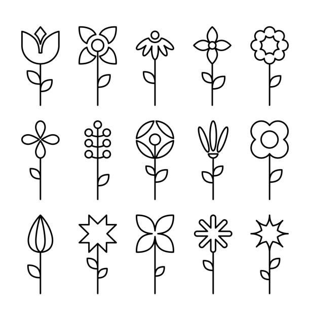 Geometric flower icons Thin line editable strokes abstract flower icon set. Simple flower icons with plant stems and leaves. lily of the valley garden stock illustrations