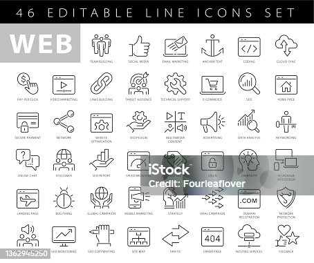 istock Web Development - thin line vector icon set. Pixel perfect. Editable stroke. The set contains icons: Web Design, Data Analyzing, Coding, SEO, Portfolio, Web Page, Creative Occupation 1362945250