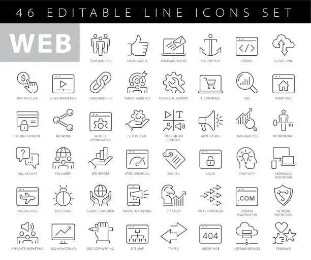 Vector illustration of Web Development - thin line vector icon set. Pixel perfect. Editable stroke. The set contains icons: Web Design, Data Analyzing, Coding, SEO, Portfolio, Web Page, Creative Occupation
