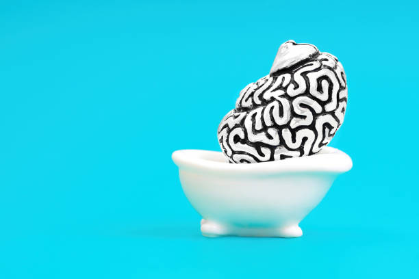 istock Huge human brain in a miniature bathtub on blue 1362947822