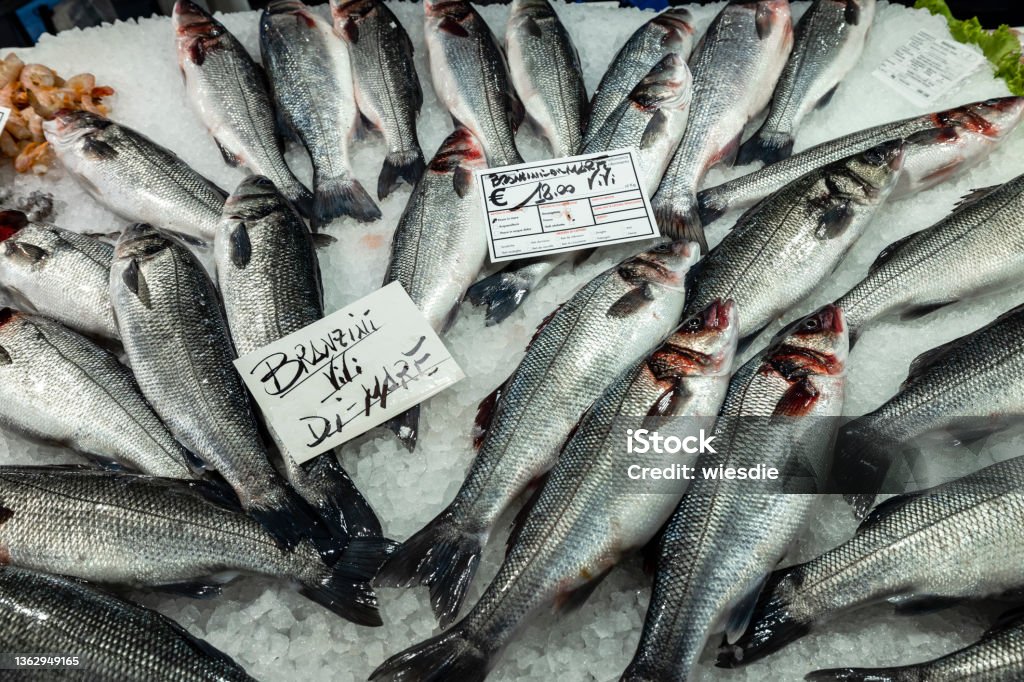 Sea bass at the Rialto fish market in Venice in Italy Close-up Stock Photo
