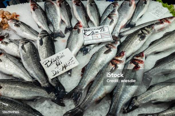 Sea Bass At The Rialto Fish Market In Venice In Italy Stock Photo - Download Image Now