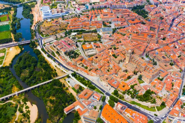 Aerial view of Salamanca Cathedral and historical center of city, Spain