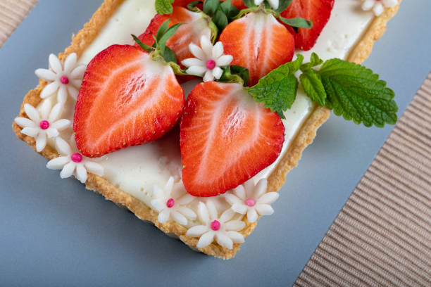 istock Cake with panna cotta cream and strawberries. 1362952246