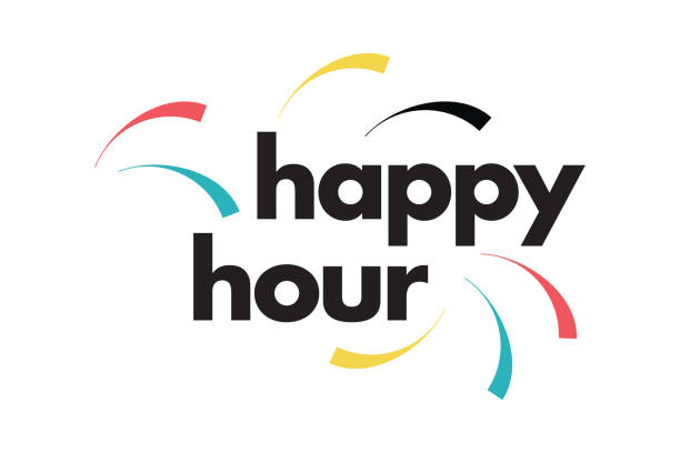 nowoczesny, prosty, kolorowy projekt typograficzny z napisem "happy hour". - happy stock illustrations