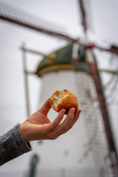 bite out of typical dutch wintertime deep fried pastry called 'oliebol' held in front of traditional windmill - oliebollen stockfoto's en -beelden