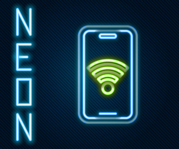 istock Glowing neon line Smartphone with free wi-fi wireless connection icon isolated on black background. Wireless technology, wi-fi connection, wireless network. Colorful outline concept. Vector 1362956199
