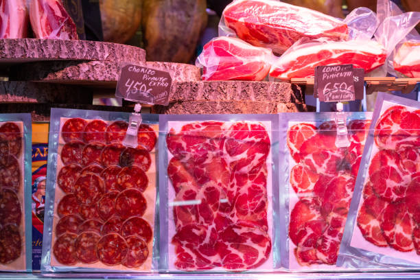 Chorizo at Mercado Central (Central Market) in Valencia, Spain with commercial labels visible