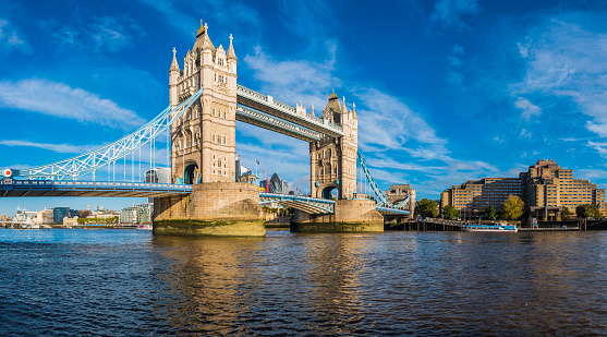 The iconic span of Tower Bridge over the River Thames in the heart of London, UK.