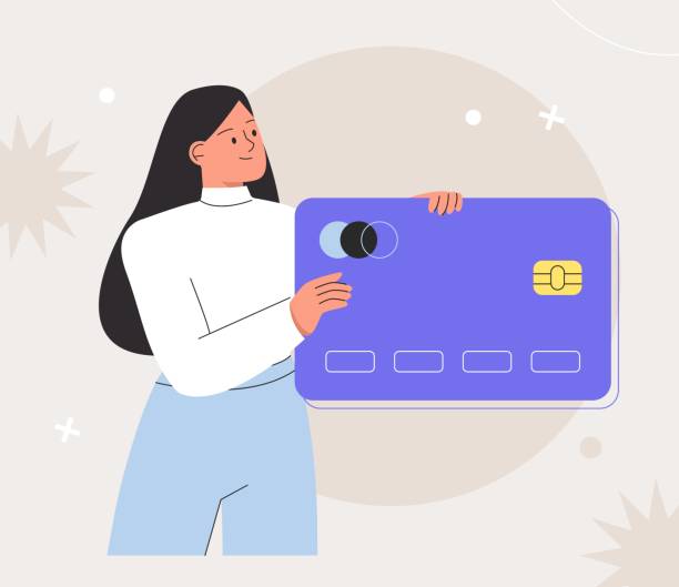online-zahlungskonzept. frau mit debit- oder kreditkarte und bezahlt oder online einkauft oder einkauft. flache vektorillustration. - bankkarte stock-grafiken, -clipart, -cartoons und -symbole