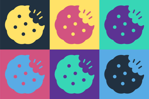 Pop art Cookie or biscuit with chocolate icon isolated on color background. Vector Pop art Cookie or biscuit with chocolate icon isolated on color background. Vector. biting stock illustrations