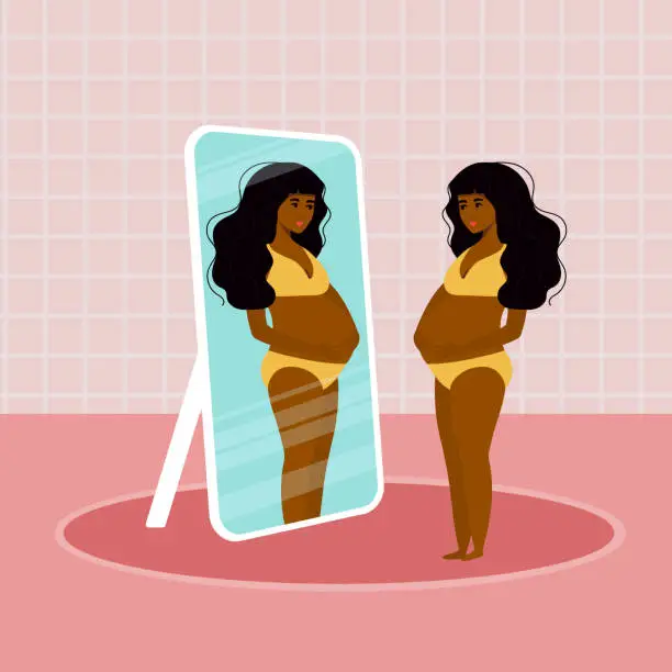 Vector illustration of beauty Pregnant afro american woman Woman without clothes in underwear is standing and looking in the mirror. Vector Illustration. Healthy Lifestyle. Pregnant Girl.