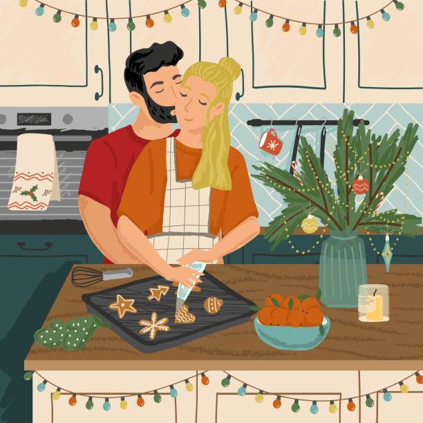 ilustrações de stock, clip art, desenhos animados e ícones de happy couple sitting and hugging each other. holiday vector illustration. romantic couple relaxing and enjoying christmas mood at home. man and woman cooking together - family sofa vector illustration and painting