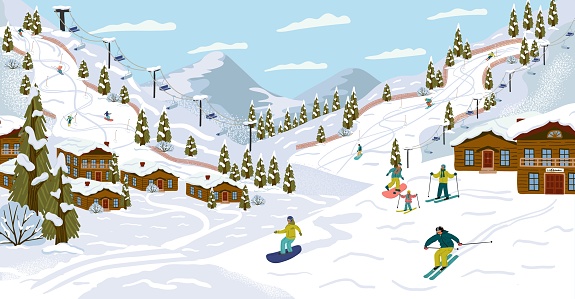 Ski resort with skiers, cable cars, ski lifts, vector illustration. Winter holidays and sport activity. Winter season mountain landscape with alps chalet. Mountain ski, snowboard, downhill track.