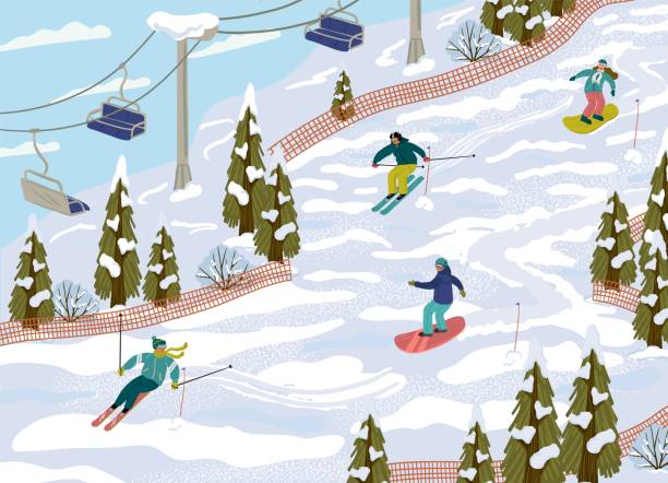 skigebiet mit skifahrern, seilbahnen, skiliften, vektorillustration. winterurlaub und sportliche aktivität. wintersaison berglandschaft in den alpen. bergski, snowboard, abfahrtsstrecke - switzerland hotel skiing people stock-grafiken, -clipart, -cartoons und -symbole