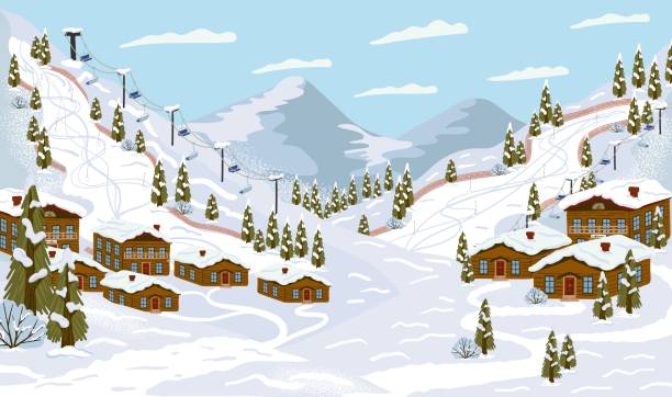 skigebiet mit skipiste, seilbahnen, skiliften, vektorabbildung. winterurlaub und sportliche aktivität. wintersaison berglandschaft mit alpenchalet. - switzerland hotel skiing people stock-grafiken, -clipart, -cartoons und -symbole