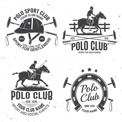 Set of Polo club sport badges, patches, emblems, logos. Vector illustration. Vintage monochrome equestrian label with rider and horse silhouettes. Polo club competition riding sport