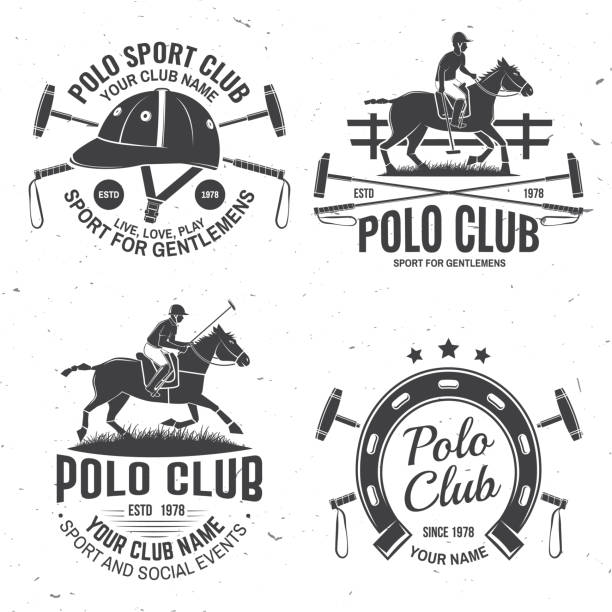 Set of Polo club sport badges, patches, emblems, logos. Vector illustration. Vintage monochrome equestrian label with rider and horse silhouettes. Polo club competition riding sport. vector art illustration