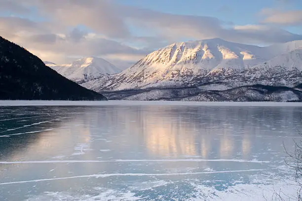 Photo of Dramatic View Mountains at Sunset and Frozen Kenai Lake Alaska