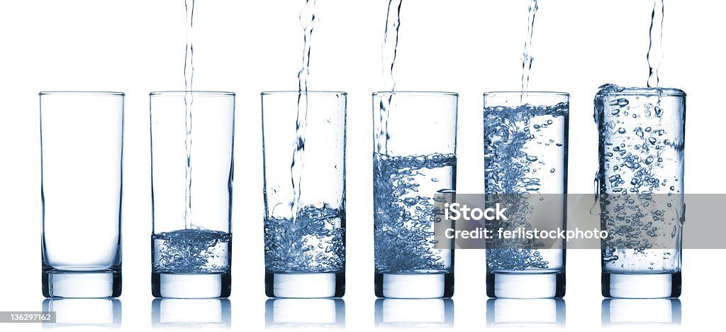 Gradually larger glasses of pure water step by step image of pouring water in a glass isolated on white background Bubble Stock Photo