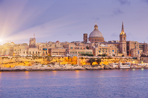 Night view of Valletta from Sliema. Valletta with Our Lady, Malta