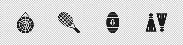 illustrazioni stock, clip art, cartoni animati e icone di tendenza di imposta freccette classiche, racchetta da tennis, palla da football americano e pinne di gomma per l'icona del nuoto. vettore - rubber dart