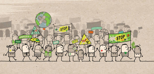 Cartoon Protesting and Walking group of People - Ecological Hand drawn Cartoon Protesting and Walking group of People - Ecological climate protest stock illustrations