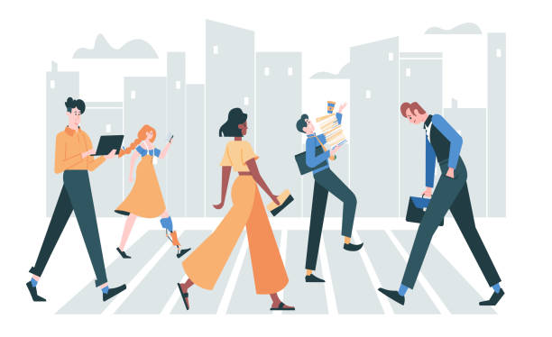 ilustrações de stock, clip art, desenhos animados e ícones de people cross the road on the street in a big city. characters walking side view. businessman, office workers, a girl with a bionic leg. vector flat illustration. - zebra walk