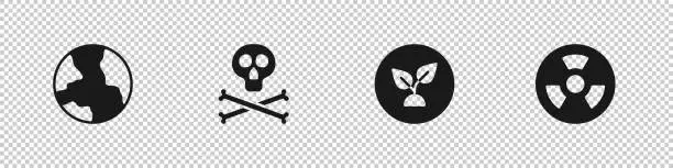 Vector illustration of Set Worldwide, Bones and skull warning, Plant based and Radioactive icon. Vector