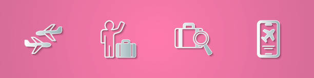 stockillustraties, clipart, cartoons en iconen met set paper cut plane, tourist with suitcase, lost baggage and mobile ticket icon. paper art style. vector - lost phone