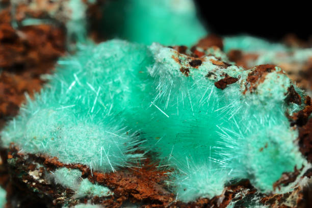 Bright green/blue Mixite crystals on matrix stone stock photo
