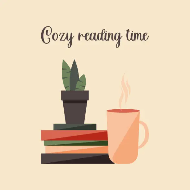 Vector illustration of A cup of tea or coffee near a stack of paper books. Cozy reading at home or in the library. Indoor plant in a pot. Time to read and learn. Vector.