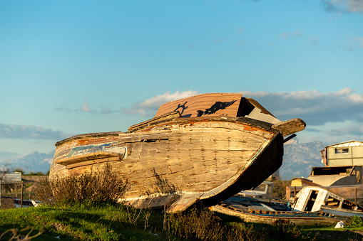 A scrapped wooden old rowboat in Turkey