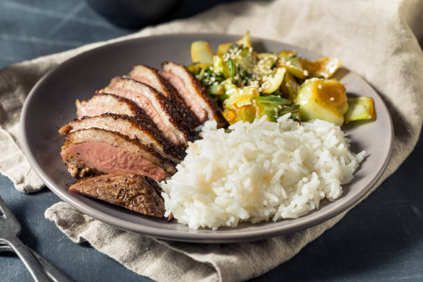 Homemade Chinese Five Spice Duck Breast with Rice and Bok Choy