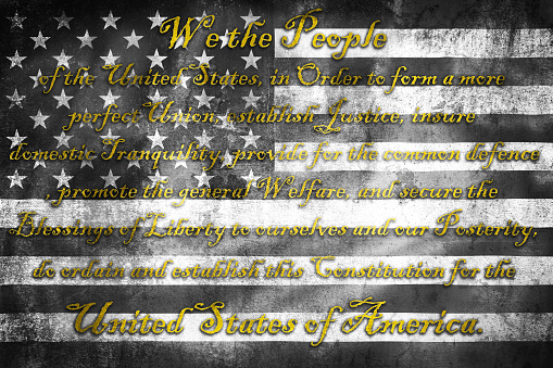 USA Constitution preamble We the People on grunge black and white US flag , United stares of America