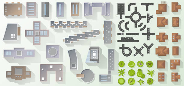 satz von elementen draufsicht für stadtbildliche gestaltung. gebäude und bäume für stadtplan. sammlung, bausatz von objekten. haus, fabrik, wolkenkratzer, hotel, fertigung. isoliertes vector-element von oben - upper view stock-grafiken, -clipart, -cartoons und -symbole