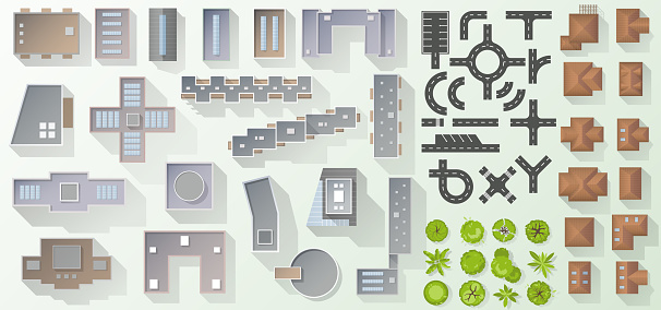 Set of elements top view for cityscape design. Buildings and trees for map of City. Collection, kit of Objects. House, factory, skyscraper, hotel, manufacturing. Isolated Vector element from above