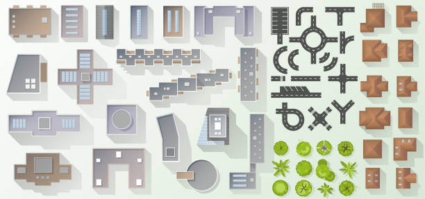 Set of elements top view for cityscape design. Buildings and trees for map of City. Collection, kit of Objects. House, factory, skyscraper, hotel, manufacturing. Isolated Vector element from above Set of elements top view for cityscape design. Buildings and trees for map of City. Collection, kit of Objects. House, factory, skyscraper, hotel, manufacturing. Isolated Vector element from above high section stock illustrations