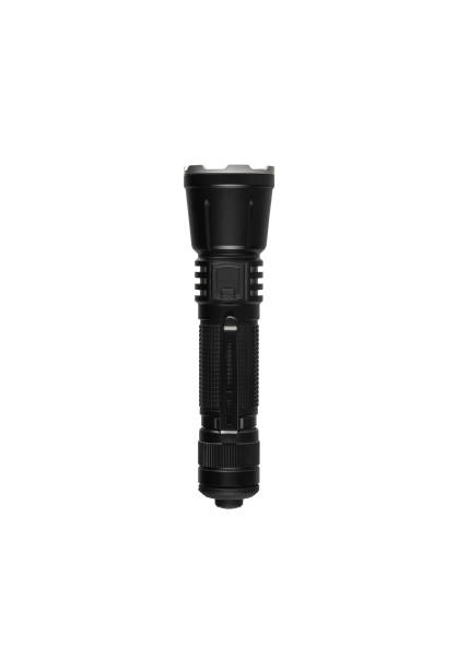 modern metal led flashlight. portable lighting device. isolate on a white background - military airplane flash imagens e fotografias de stock