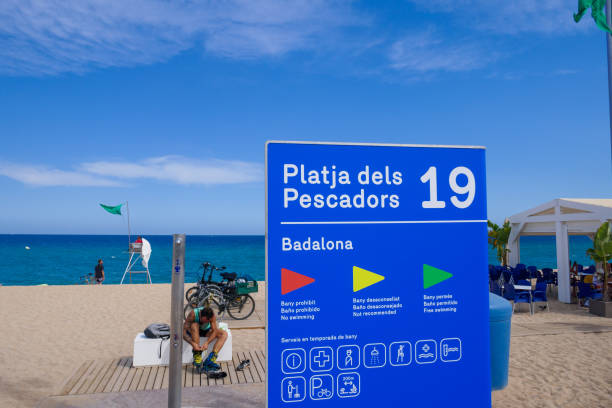 Platja dels Pescadors 19 sign in Badalona, Barcelona in summer stock photo