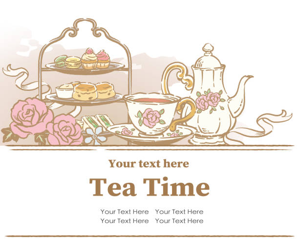 Design template with tea time objects. Vintage style. Vector illustration. Design template with tea time objects. Vintage style. Vector illustration. food cake tea sketch stock illustrations
