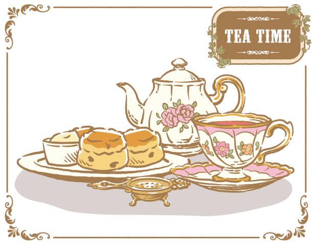 иллюстрация объектов чайного времени. винтажные инструменты и выпечка. векторная иллюстрация. - afternoon tea china antique cup stock illustrations