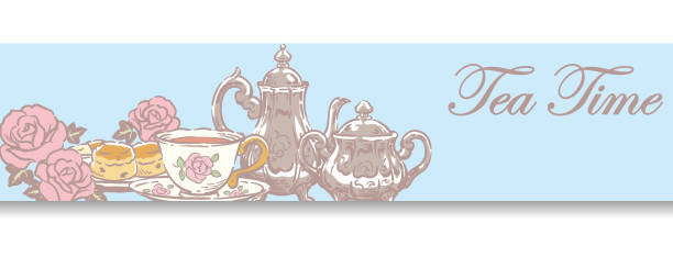 дизайн баннера с объектами чайного времени. винтажный стиль. векторная иллюстрация. - afternoon tea china antique cup stock illustrations