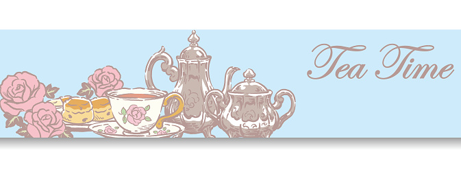 Banner design with tea time objects. Vintage style. Vector illustration.
